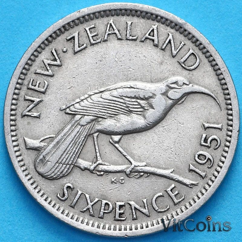 Монета Новая Зеландия 6 пенсов 1951 год. Гуйя.