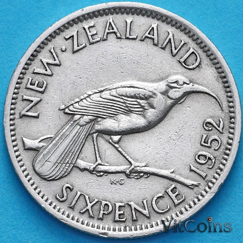 Монета Новая Зеландия 6 пенсов 1952 год. Гуйя.