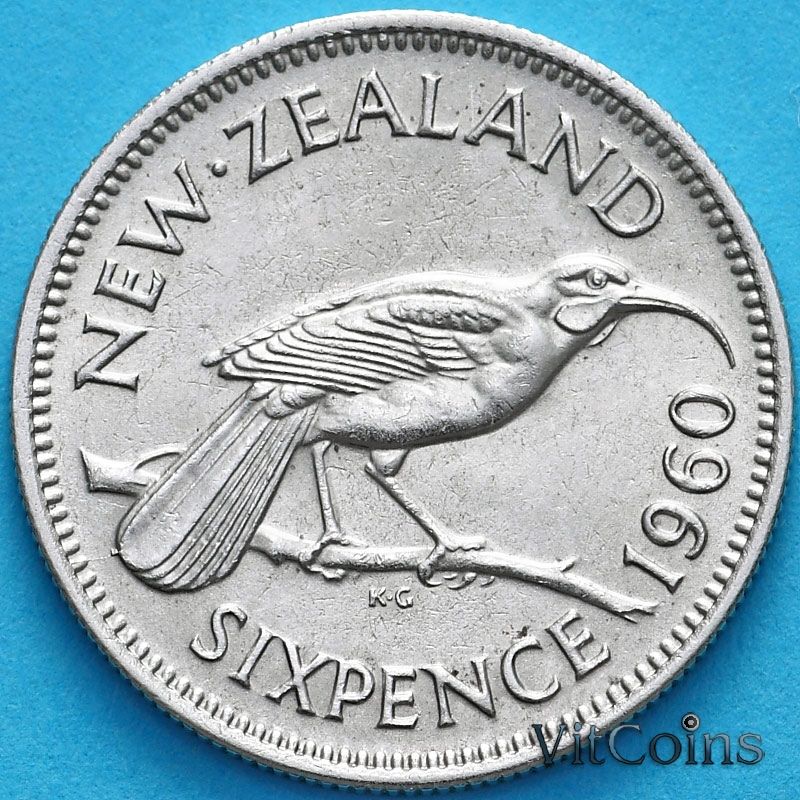 Монета Новая Зеландия 6 пенсов 1960 год. Гуйя.