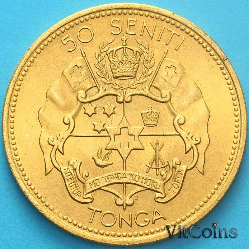 Монета Тонги 50 сенити 1967 год.Надпечатка " IN MEMORIAM 1965+1970" №2