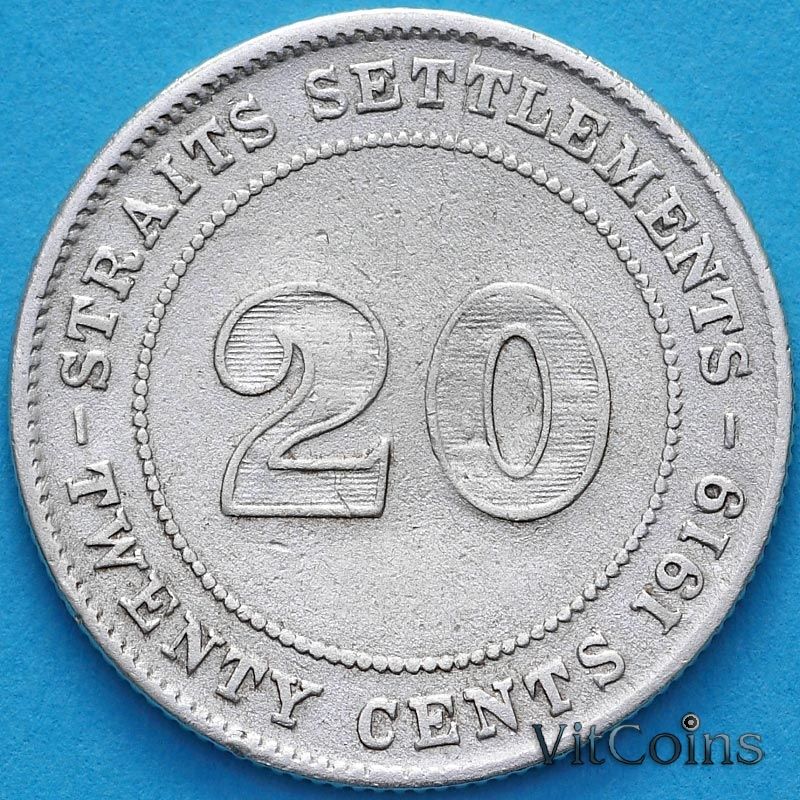 Монета Стрейтс-Сетлментс 20 центов 1919 год. Серебро. №1