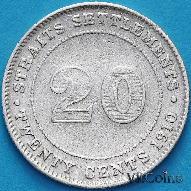 Монета Стрейтс-Сетлментс 20 центов 1910 год. Серебро. №3