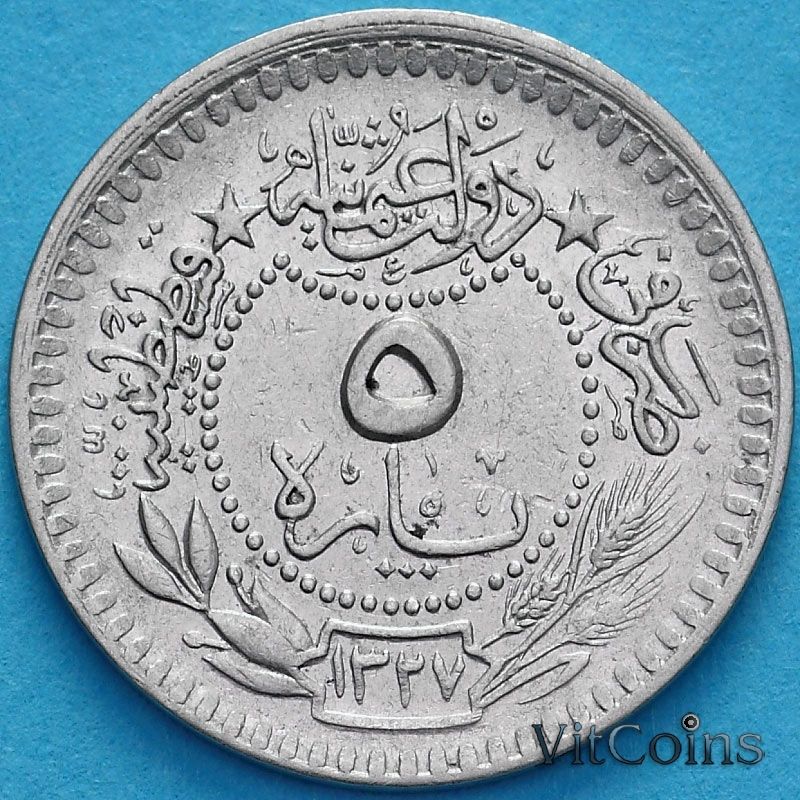 Монета Турция 5 пара 1909 год. На аверсе под тугрой цифра "٤" (4)