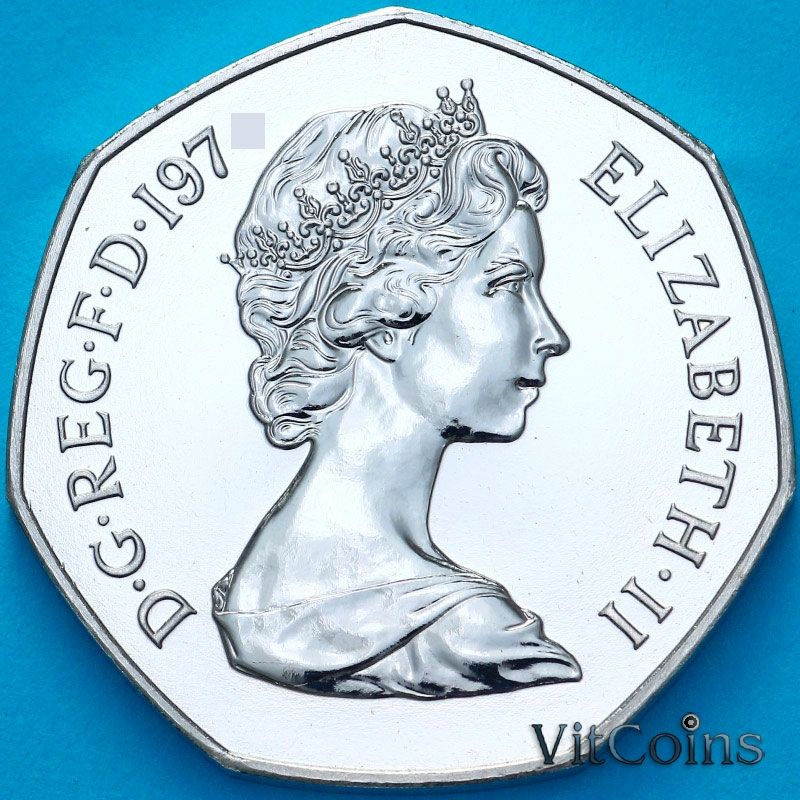 Монета Великобритания 50 новых пенсов 1971 год. Пруф Монета Великобритания 50 новых пенсов 1971 год. Пруф