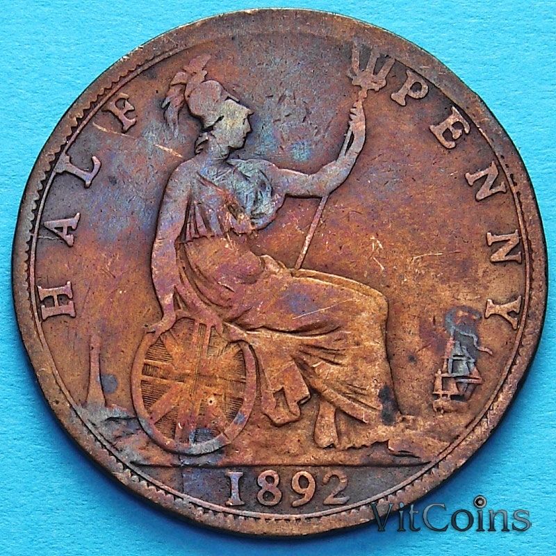 Монета Великобритании 1/2 пенни 1892 год. 