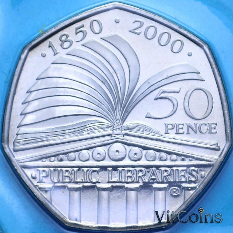Монета Великобритания 50 пенсов 2000 год. 150 лет системе публичных библиотек. BU