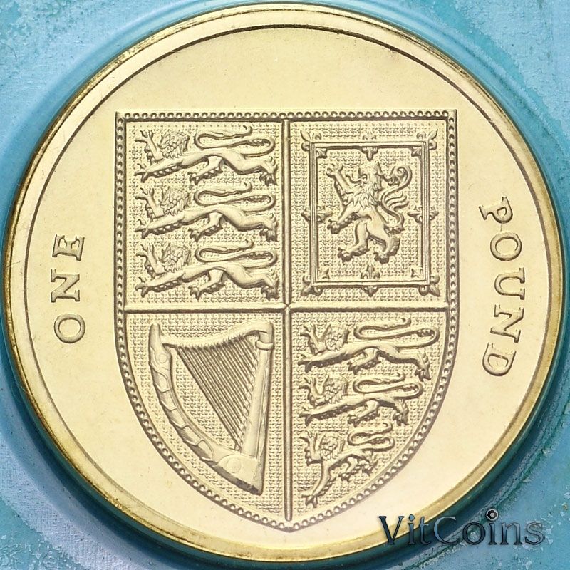Монета Великобритания 1 фунт 2009 год. Щит королевского герба. BU