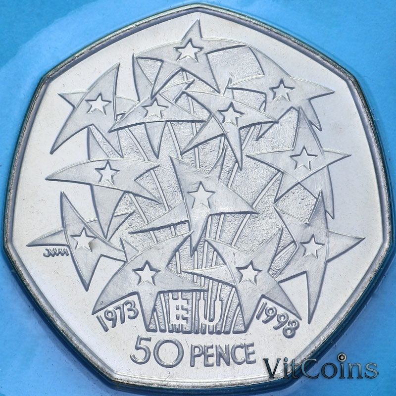 Монета Великобритания 50 пенсов 1998 год. 25 лет присоединения Великобритании к Евросоюзу. BU