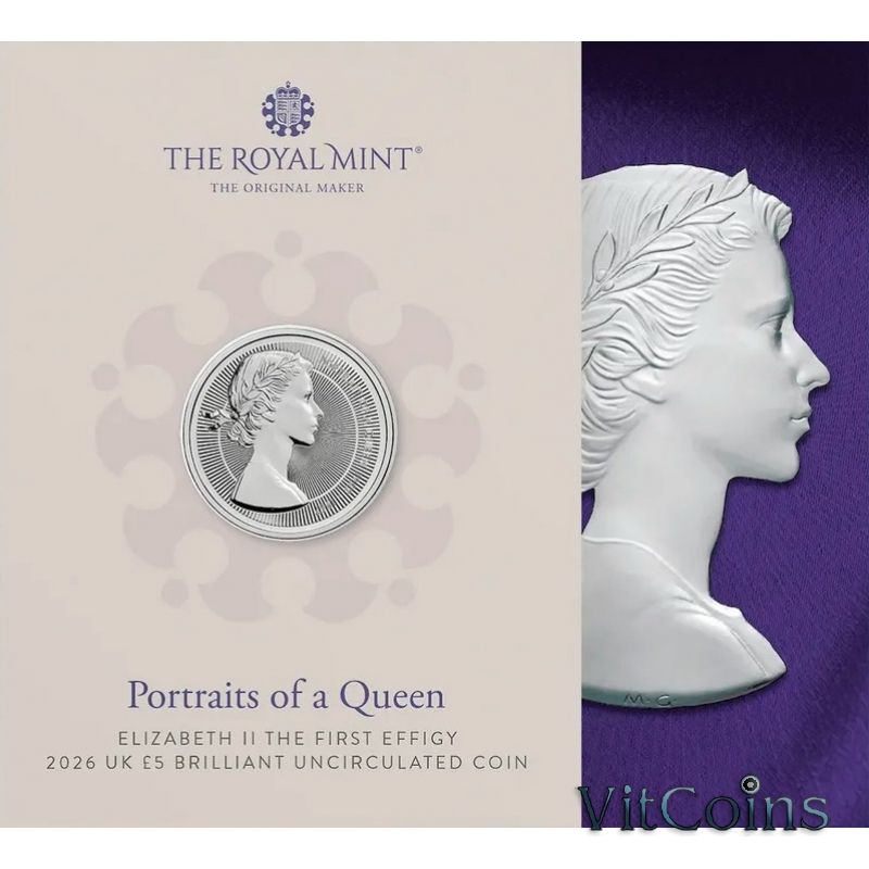 Монета Великобритания 5 фунтов 2026 год. Портрет молодой королевы Елизаветы II. Буклет