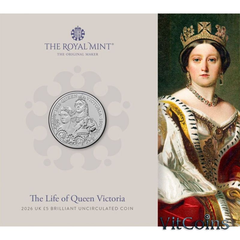Монета Великобритания 5 фунтов 2026 год. Жизнь королевы Виктории. Буклет