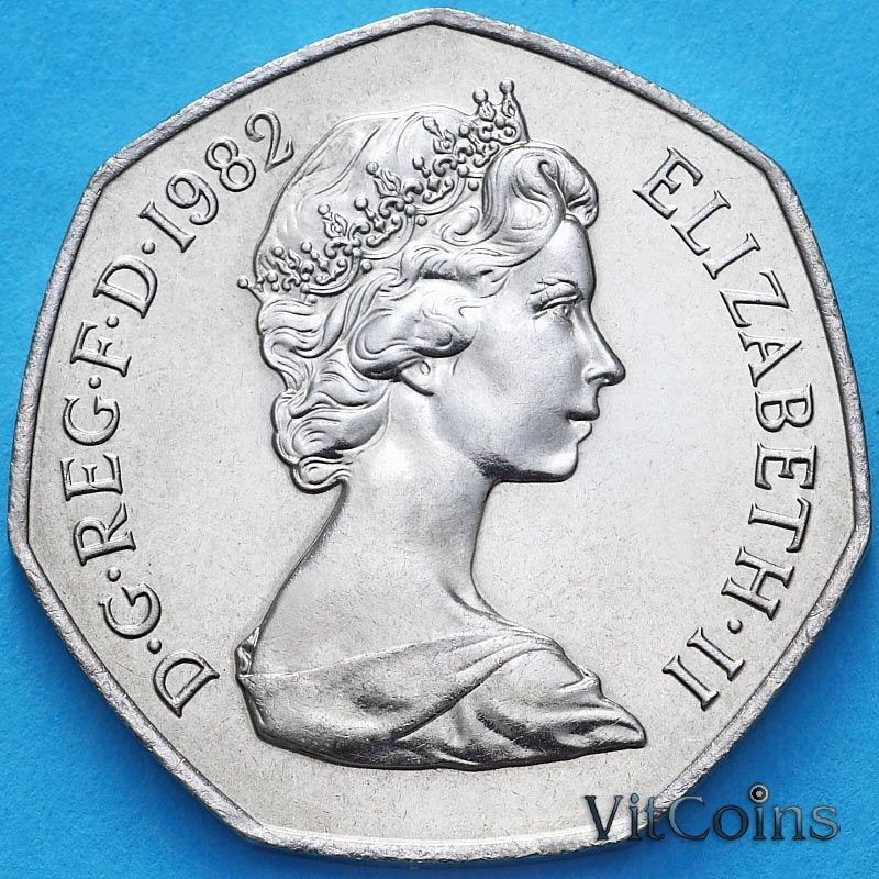 Монета Великобритания 50 пенсов 1982 год. BU Монета Великобритания 50 пенсов 1982 год. BU