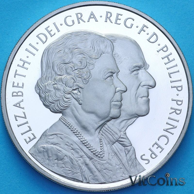 Монета Великобритании 5 фунтов 2007 год. Алмазная свадьба Королевы. Пруф Монета Великобритании 5 фунтов 2007 год. Алмазная свадьба Королевы. Пруф