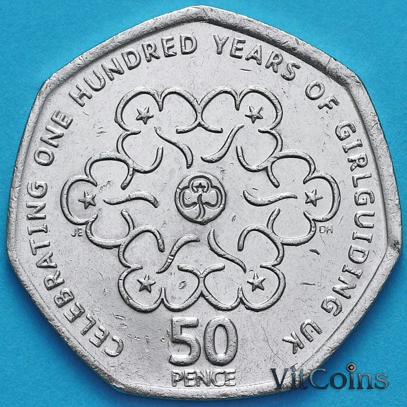 Монета Великобритания 50 пенсов 2010 год. 100 лет женской организации скаутов.