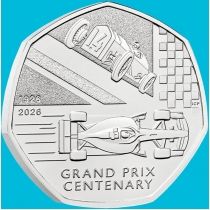 Великобритания 50 пенсов 2026 год. 100 лет Гран-при Великобритании. BU