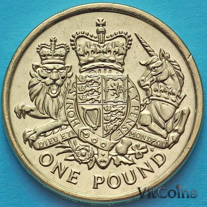 Монета Великобритании 1 фунт 2015 год. Королевский герб.