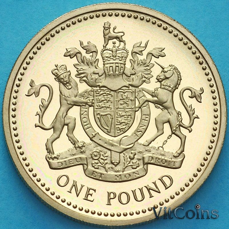 Монета Великобритания 1 фунт 1993 год. Королевский щит. Proof