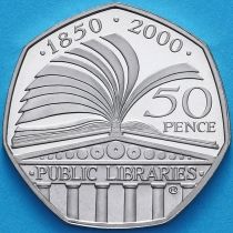 Великобритания 50 пенсов 2000 год. 150 лет системе публичных библиотек. Proof