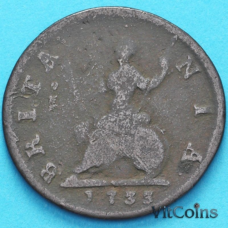 Монета Великобритания 1 фартинг 1733 год.