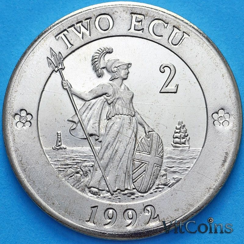 Монета Великобритания 2 экю 1992 год. Британия с трезубцем и щитом