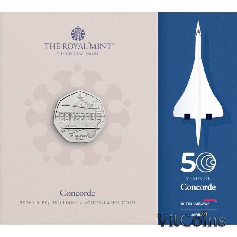 Монета Великобритания 50 пенсов 2026 год. Конкорд