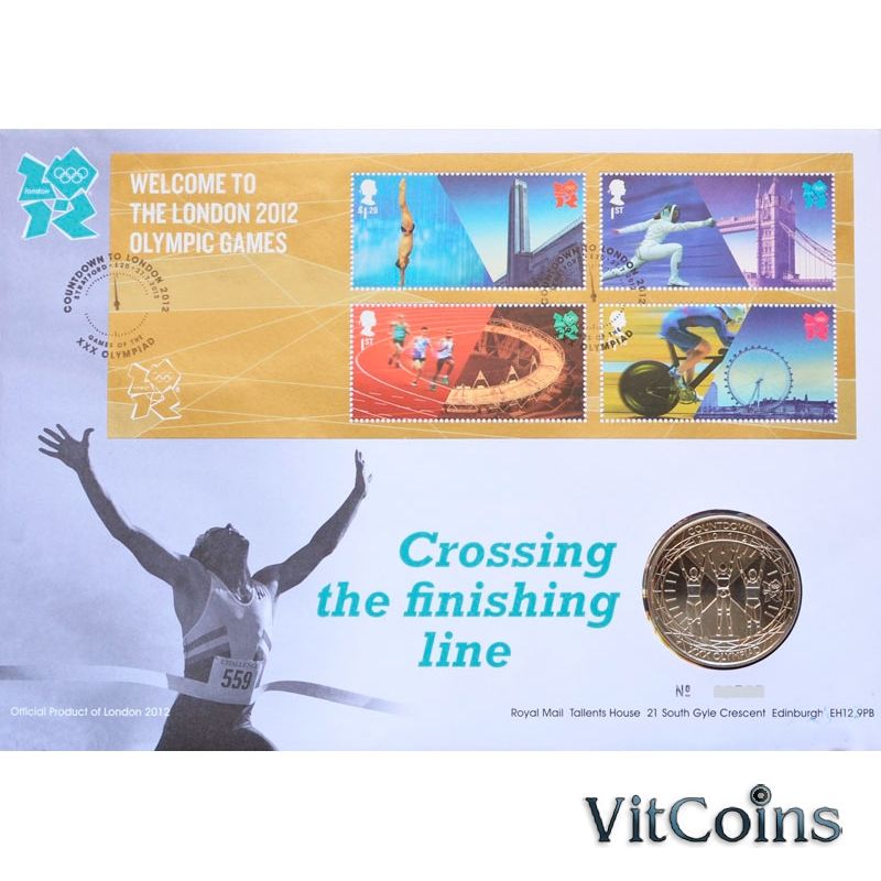 Монета Великобритания 5 фунтов 2012 год. Олимпиада. Пьедестал. Буклет