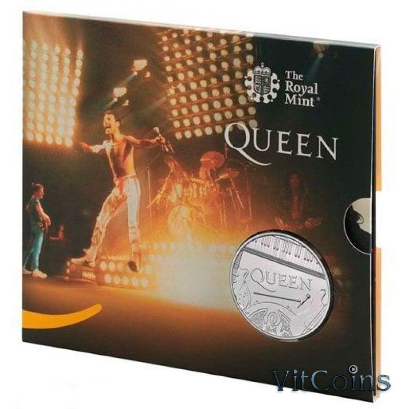 Монета Великобритания 5 фунтов 2020 год. QUEEN. Буклет