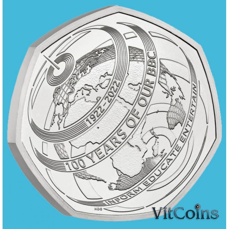 Монета Великобритания 50 пенсов 2022 год. 100 лет BBC. Буклет