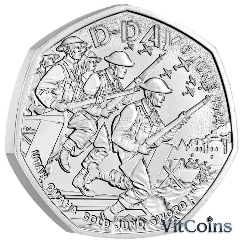 Монета Великобритания 50 пенсов 2024 год. Высадка в Нормандии. Буклет