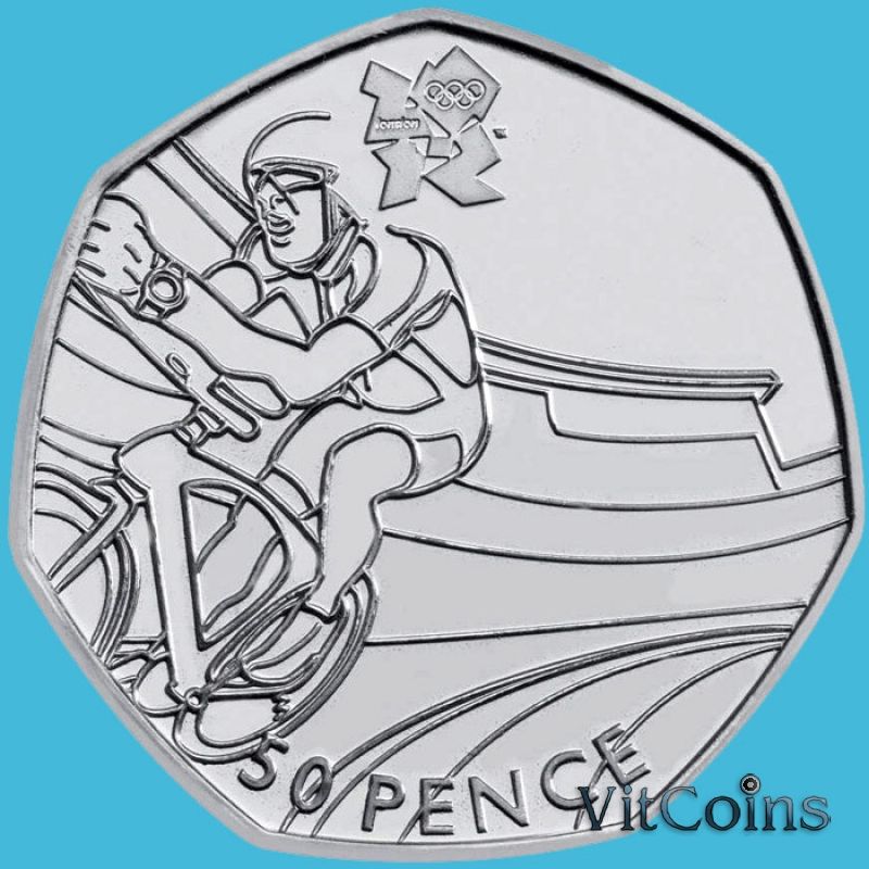 Монета Великобритании 50 пенсов 2011 год. Олимпиада. Велоспорт. Блистер
