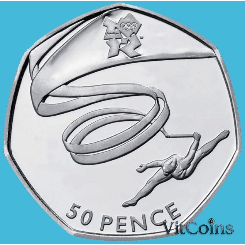 Монета Великобритании 50 пенсов 2011 год. Гимнастика. Велоспорт. Блистер