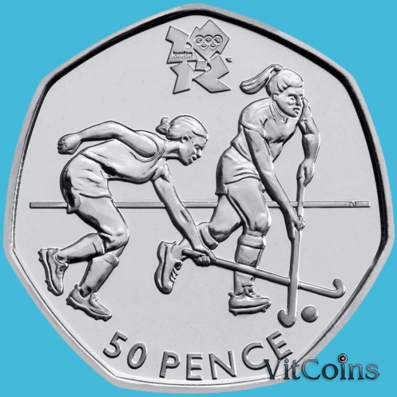 Монета Великобритании 50 пенсов 2011 год. Олимпиада. Хоккей на траве. Блистер