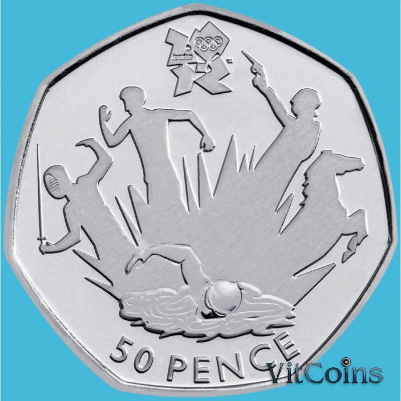 Монета Великобритании 50 пенсов 2011 год. Олимпиада. Современное пятиборье.Блистер