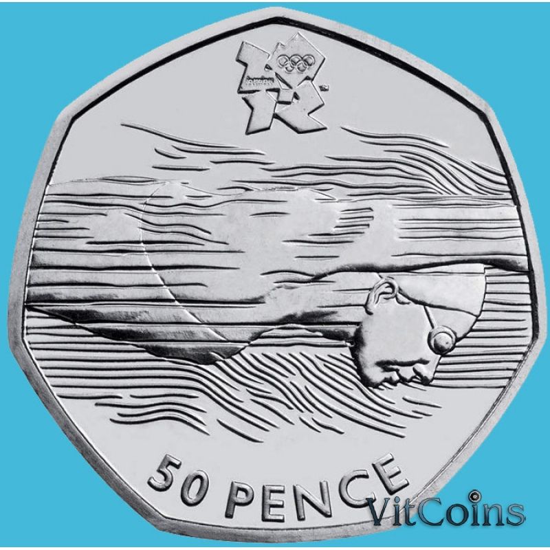 Монета Великобритании 50 пенсов 2011 год. Олимпиада. Плавание. Блистер