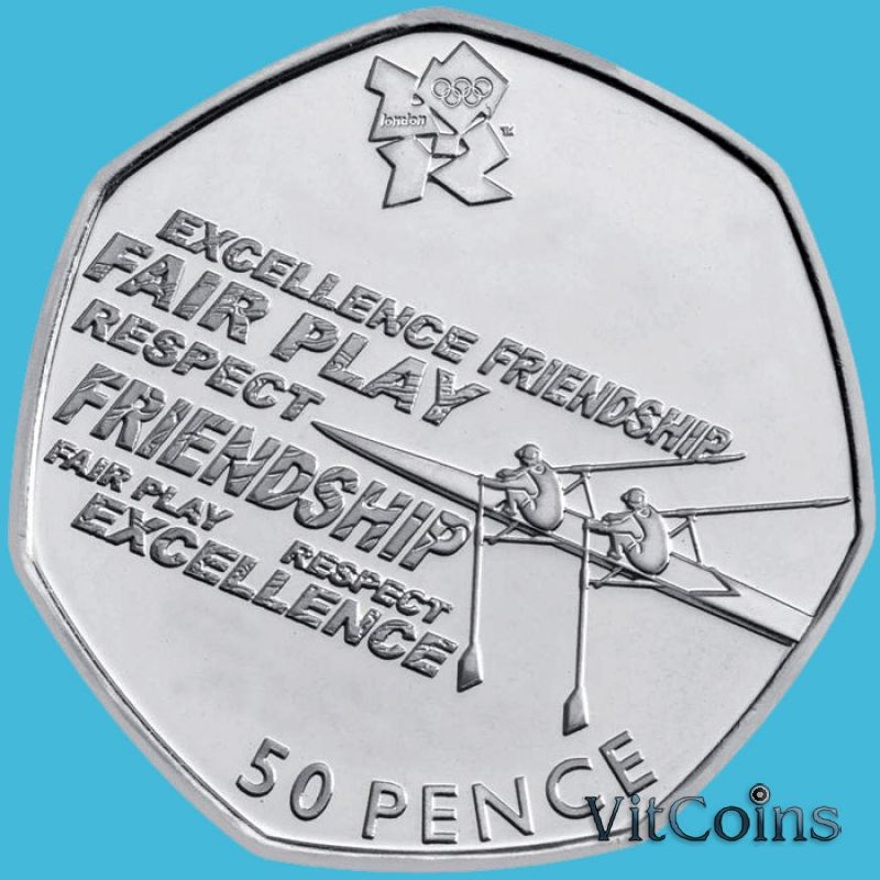 Монета Великобритании 50 пенсов 2011 год. Олимпиада. Академическая гребля. Блистер