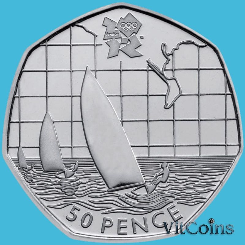 Монета Великобритании 50 пенсов 2011 год. Олимпиада. Парусный спорт. Блистер