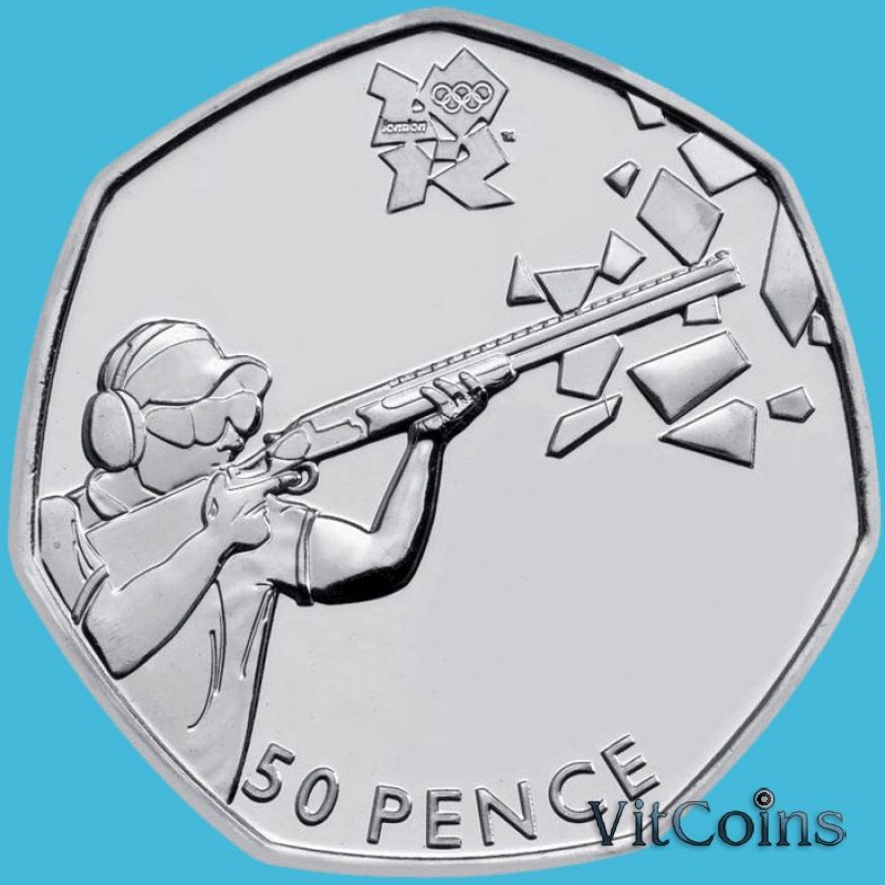 Монета Великобритании 50 пенсов 2011 год. Олимпиада. Стрельба. Блистер