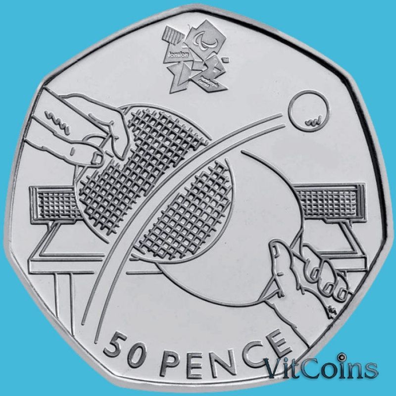 Монета Великобритании 50 пенсов 2011 год. Олимпиада. Настольный теннис. Блистер