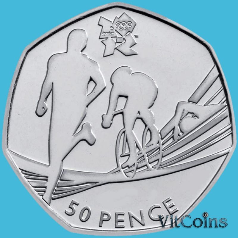 Монета Великобритании 50 пенсов 2011 год. Олимпиада. Триатлон