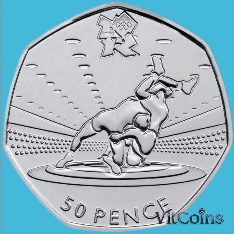 Монета Великобритании 50 пенсов 2011 год. Олимпиада. Борьба. Блистер