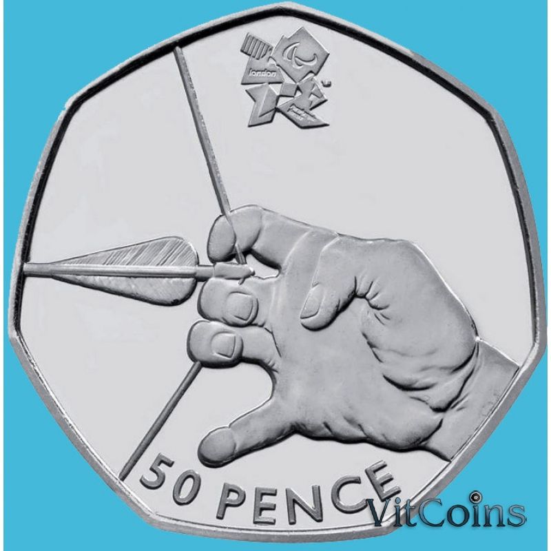Монета Великобритании 50 пенсов 2011 год. Олимпиада. Стрельба из лука. Блистер