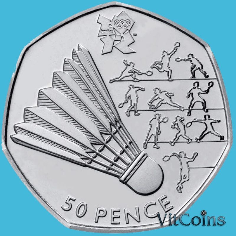 Монета Великобритании 50 пенсов 2011 год. Олимпиада. Бадминтон. Блистер