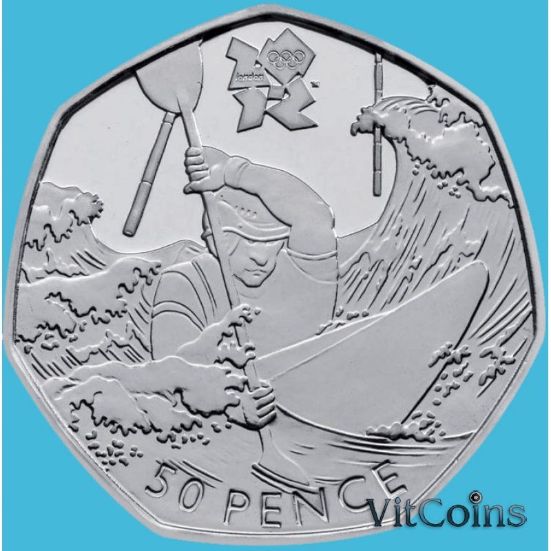 Монета Великобритании 50 пенсов 2011 год. Олимпиада. Гребля на байдарках и каноэ. Блистер