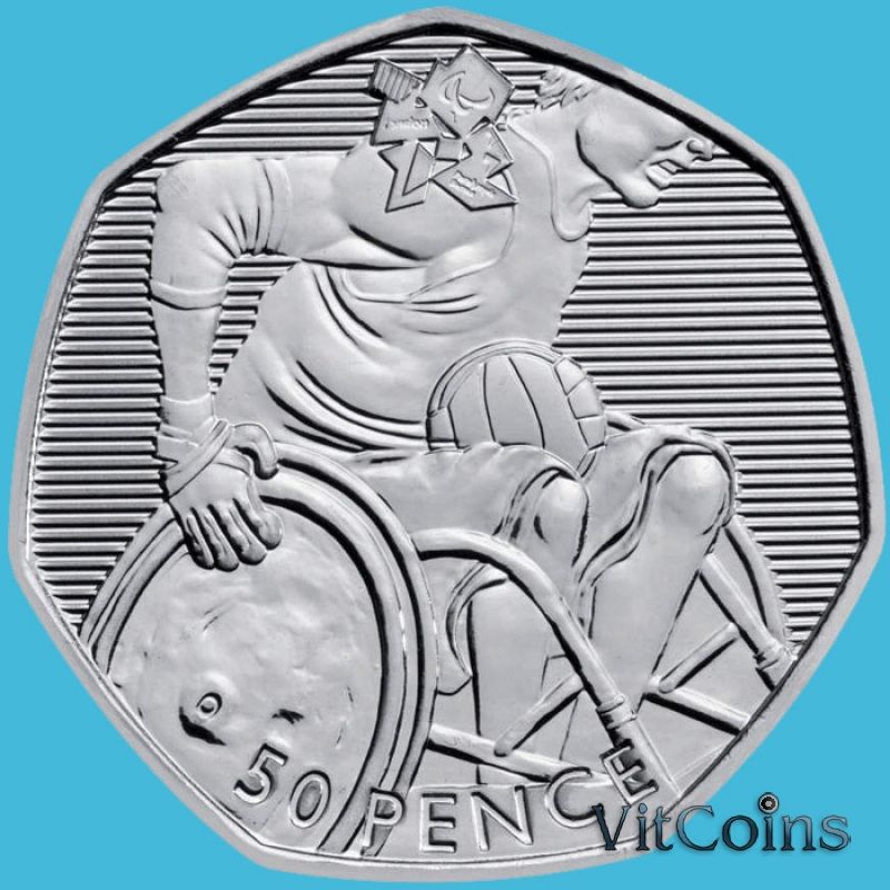 Монета Великобритании 50 пенсов 2011 год. Паралимпийские игры. Регби. Блистер