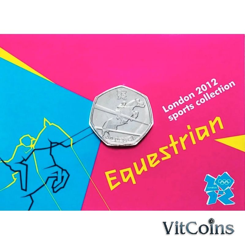 Монета Великобритании 50 пенсов 2011 год. Олимпиада. Конный спорт. Блистер