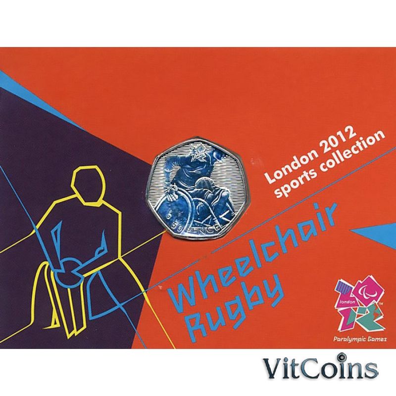 Монета Великобритании 50 пенсов 2011 год. Паралимпийские игры. Регби. Блистер