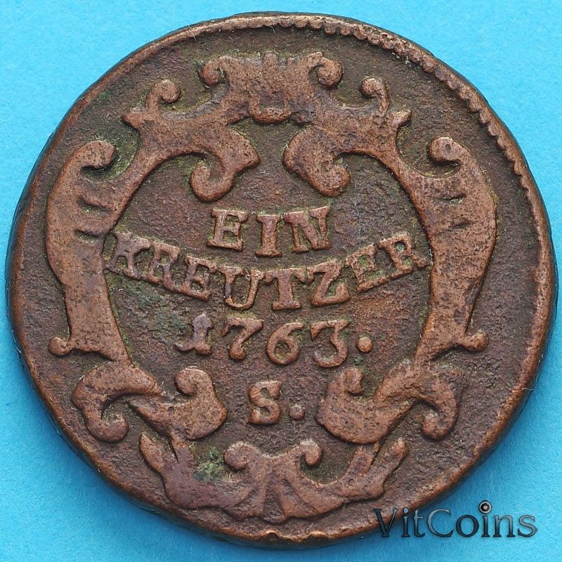 Монета Австрия 1 крейцер 1763 год. S