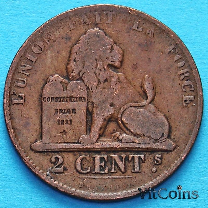Монета Бельгии 2 сантима 1864 год. Французский вариант.