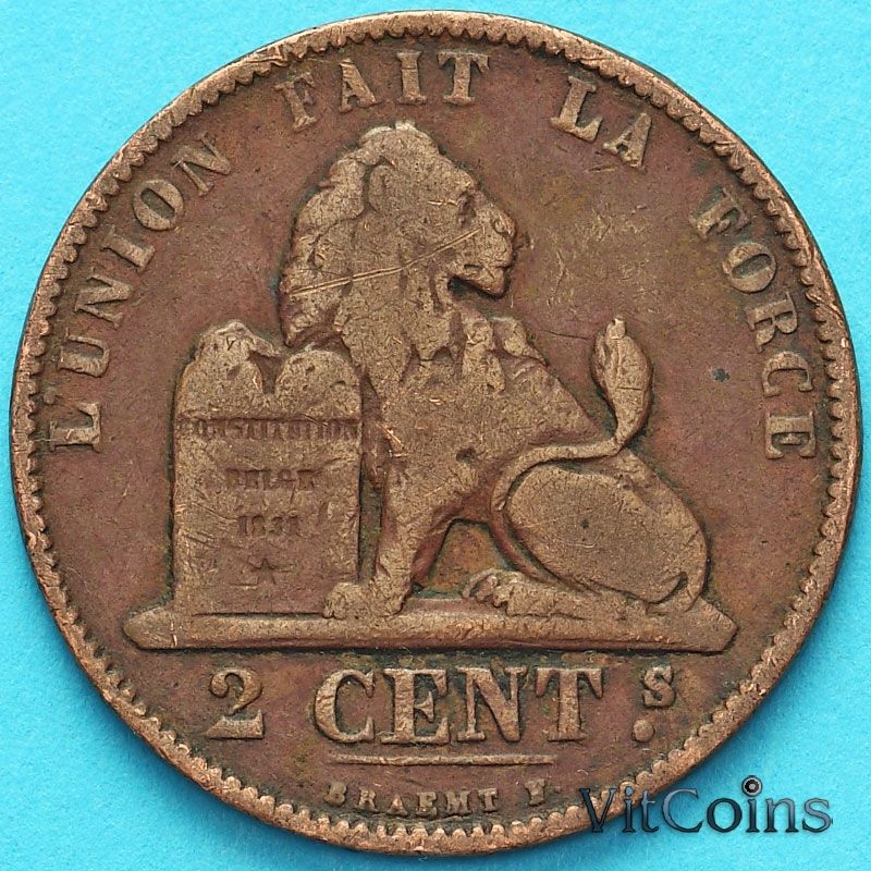 Монета Бельгия 2 сантима 1874 год. Французский вариант.