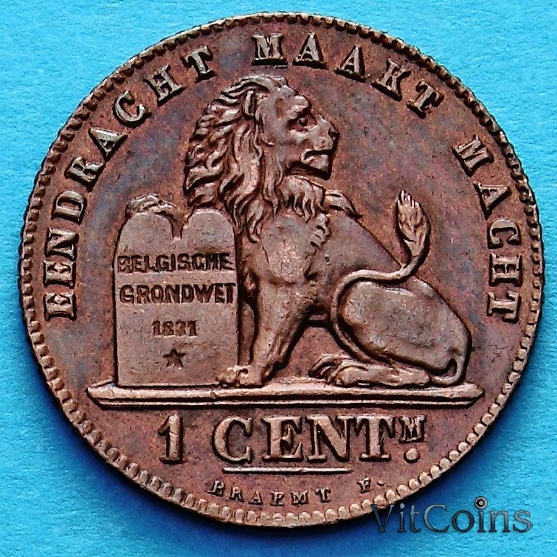 Монета Бельгии 1 сантим 1912 год. Фламандский вариант. аUNC.