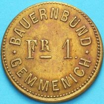 Бельгия, токен 1 франк 1933 год. Фермерский союз города Геммених